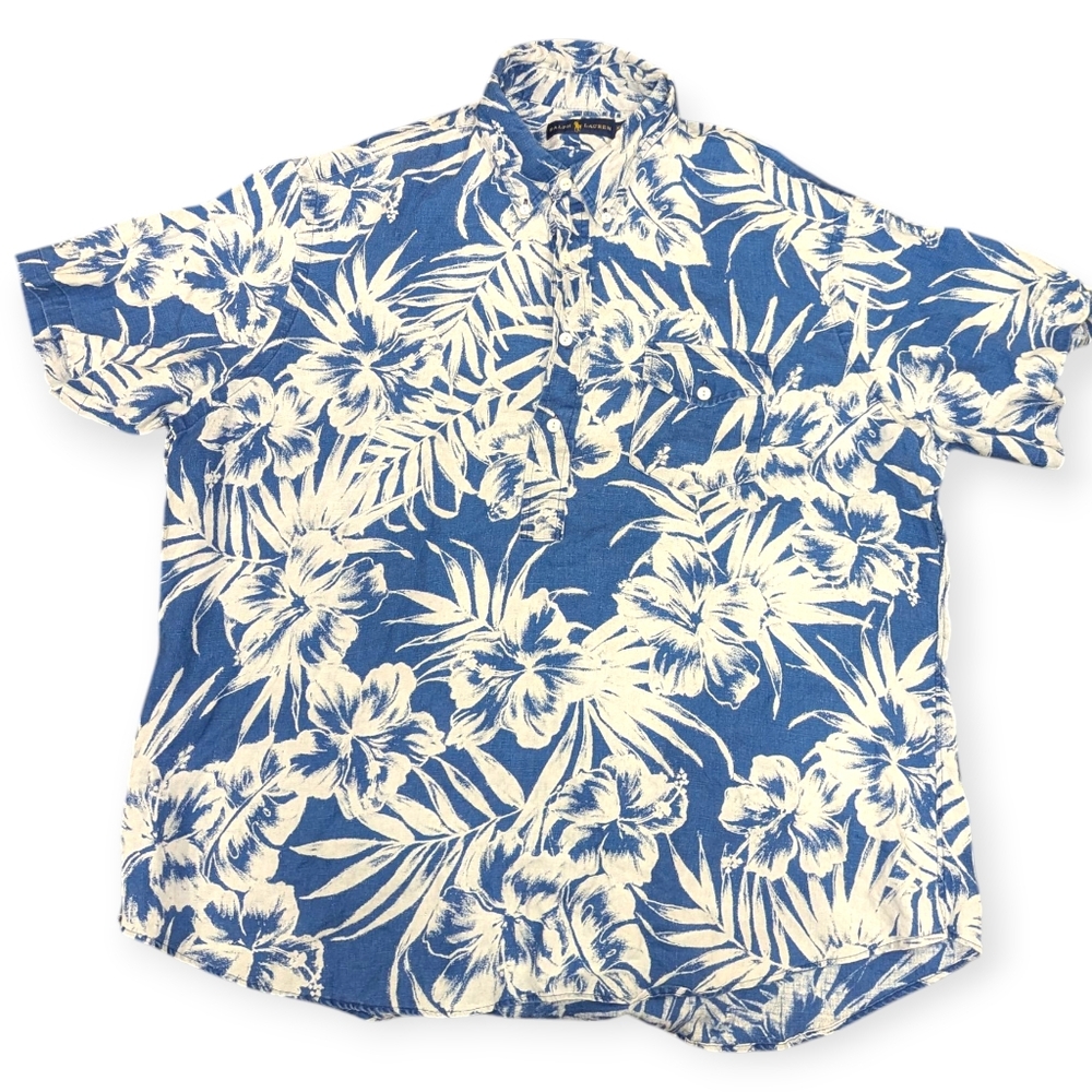 Ralph Lauren 100% Linen Blue Floral  Hawaiian Shorts Sleeve Button-up Shirt XXL